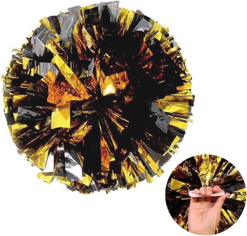 ZOOYOO Black and Gold Metallic Pom Poms Cheerleading, Fluffy Cheerleader Pom Poms 2 PCS 12 inch for Team Spirit Sports Dance Cheering Kids Adults - Image 1